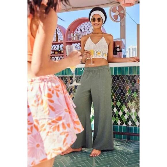 Aerie Pants Womens Small Green Wide Leg Pool To Party Gauzy Cotton Coastal - Picture 4 of 11